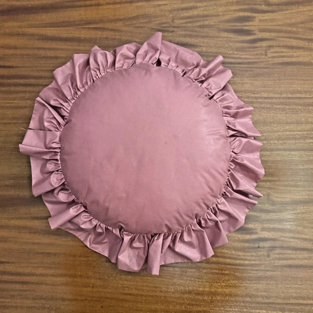 Round Ruffled Accent Pillow – Dusty Rose Pink Vintage Handmade 19